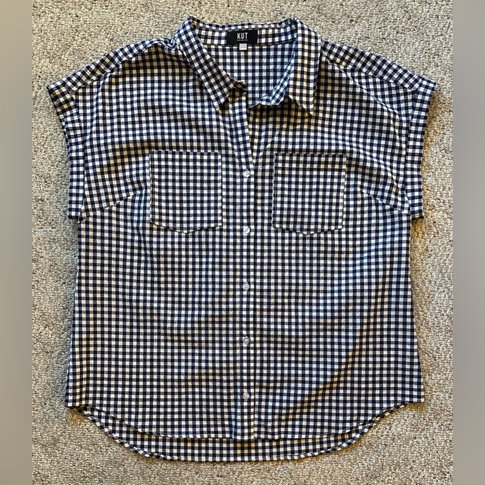 KUT from the Kloth Cap Sleeve Button-Down Navy White Gingham Check Blouse, XXL